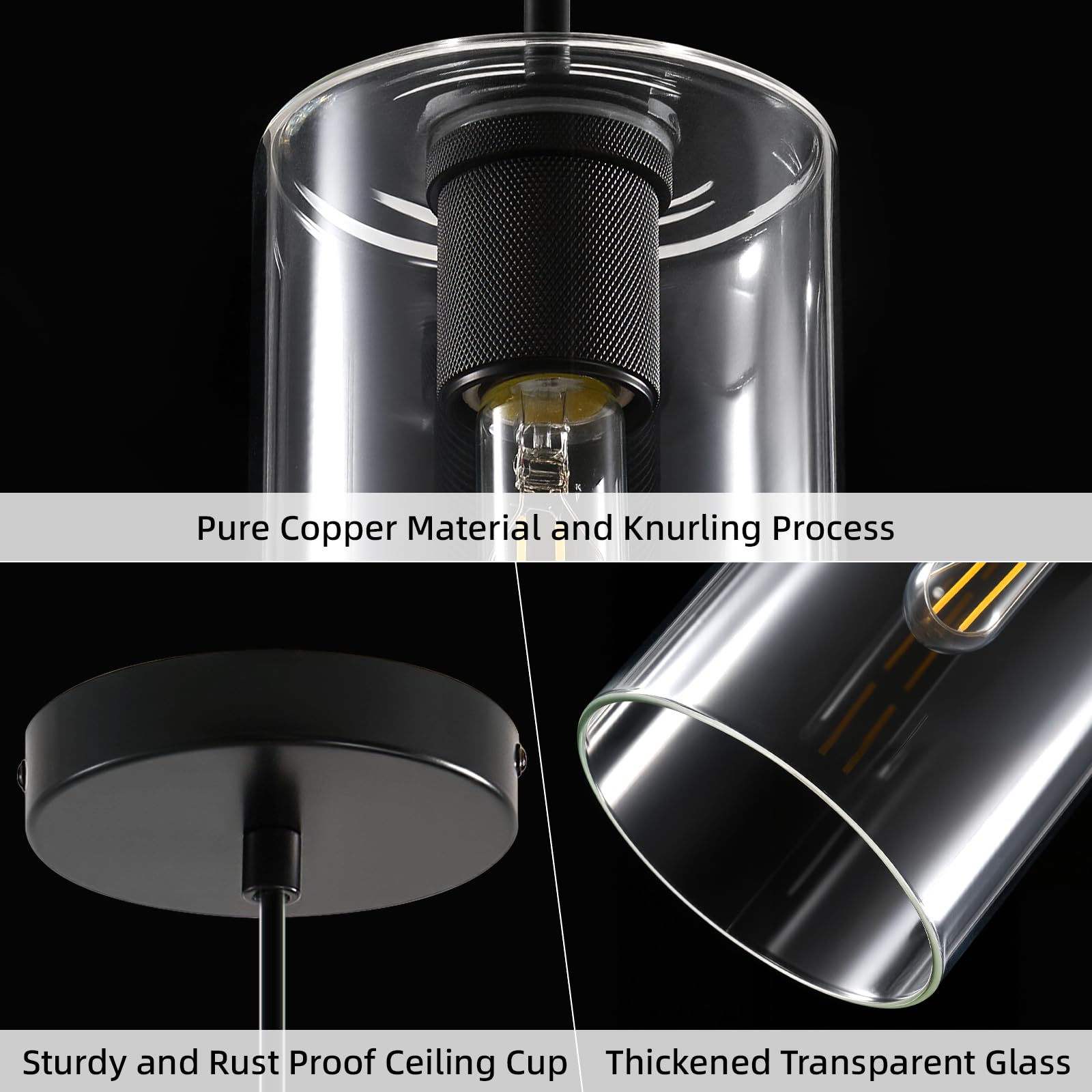 Modern Black Glass Pendant Light: Seeded Clear Glass Pendant Light over Kitchen Island - Minimalist Brass Hanging Lights with Short Tube - Height Adjustable Pendants Lighting Fixture for Dining Room