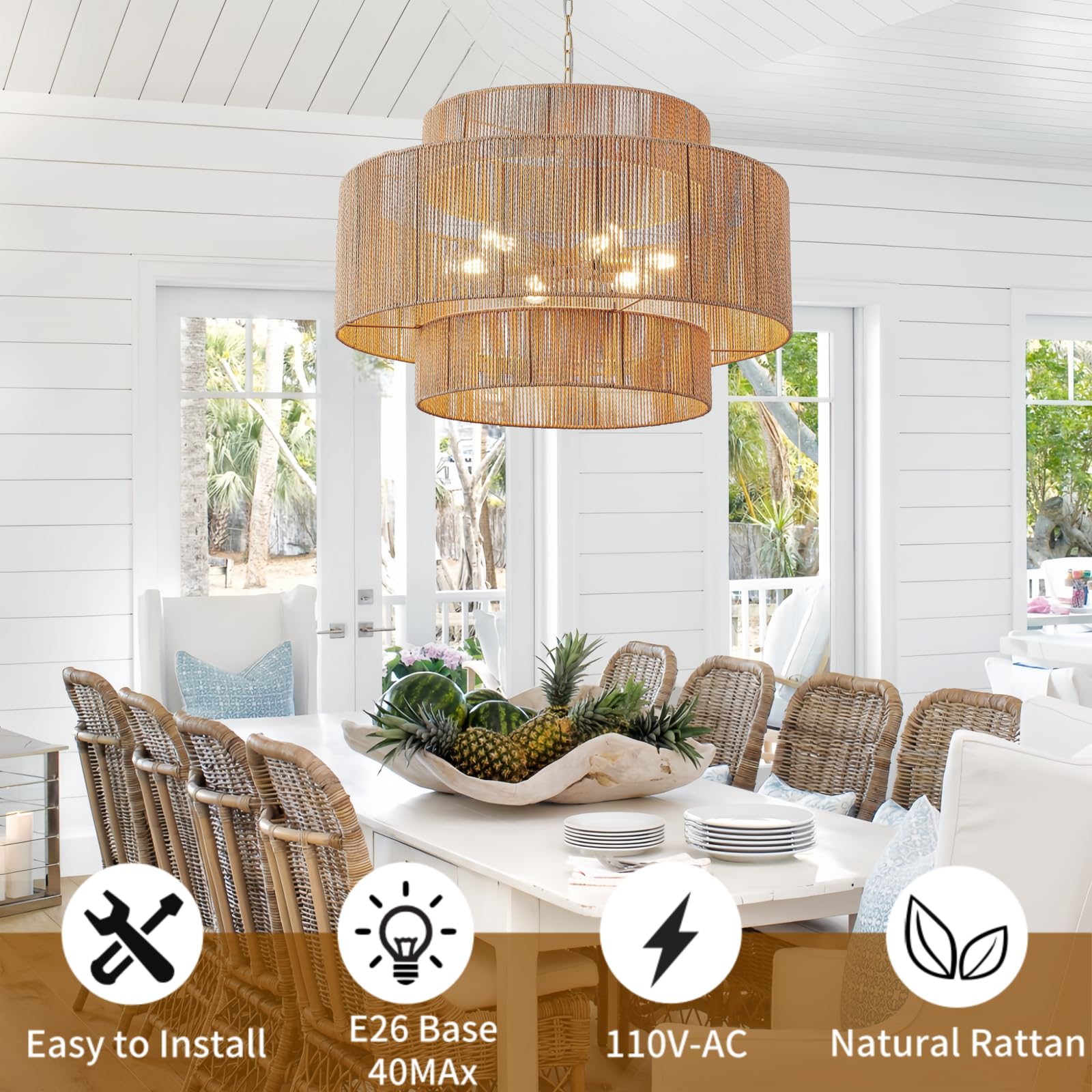 30.7in Large Rattan Chandeliers, 3-Tier Woven Boho Pendant Lights, Hemp Rope Hanging Ceiling Light, Wicker Lighting Fixture for Living Room, Dining Room, Bedroom, Kitchen Island
