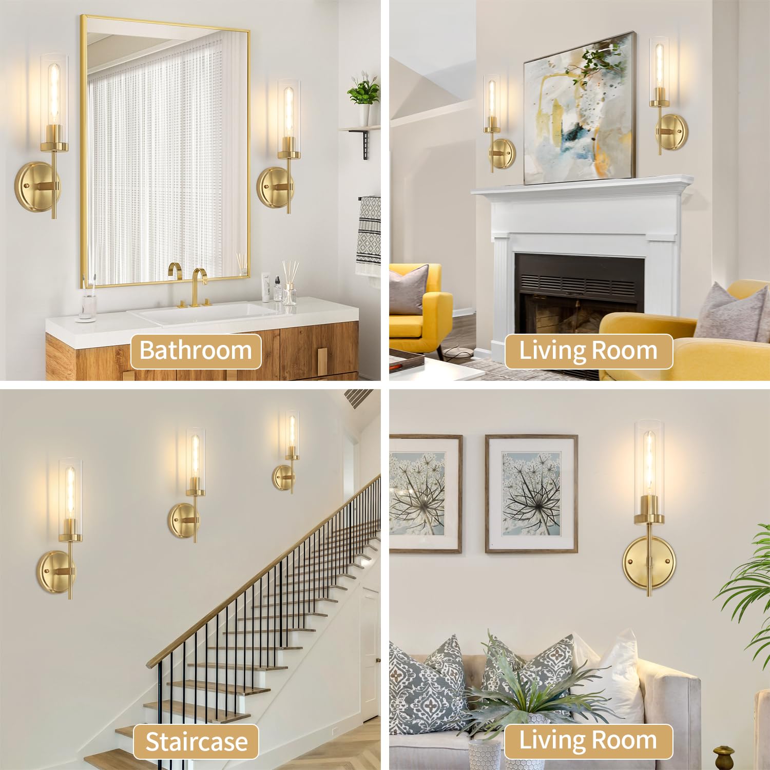 Gold Wall Sconces, Modern Bathroom Vanity Light Fixtures, Sconces Wall Decor Set of 2, Wall Lamps with Clear Glass, Indoor Wall Lights for Bedroom Living Room Hallway