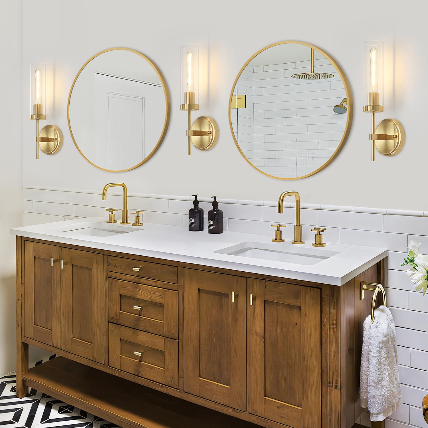 Gold Wall Sconces, Modern Bathroom Vanity Light Fixtures, Sconces Wall Decor Set of 2, Wall Lamps with Clear Glass, Indoor Wall Lights for Bedroom Living Room Hallway