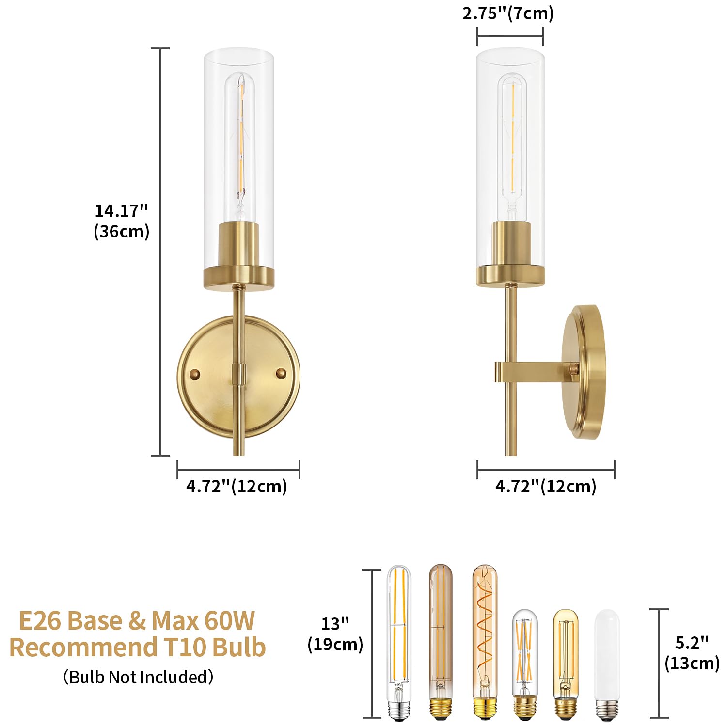 Gold Wall Sconces, Modern Bathroom Vanity Light Fixtures, Sconces Wall Decor Set of 2, Wall Lamps with Clear Glass, Indoor Wall Lights for Bedroom Living Room Hallway