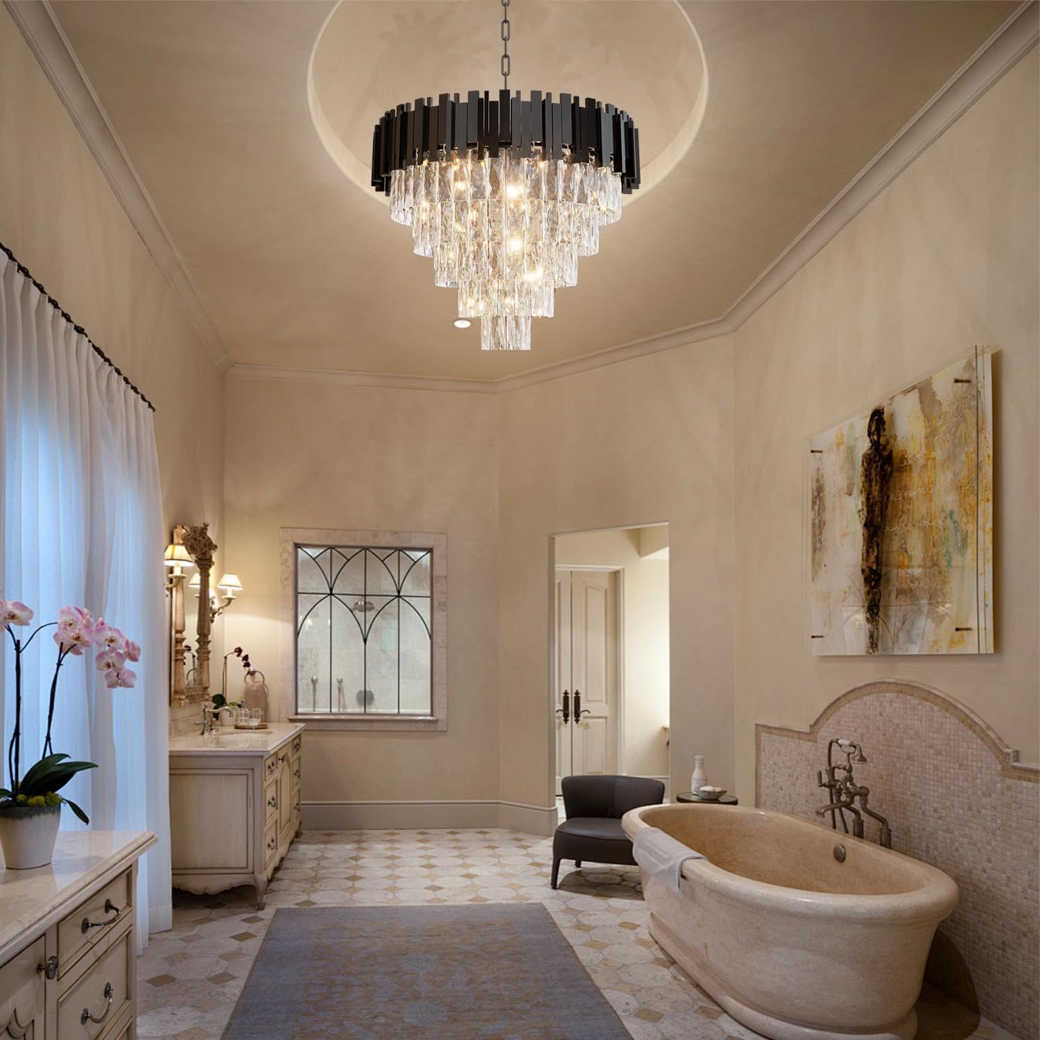 Luxury Crystal Chandelier 11-Tier 32" Modern Black Pendant Light Grand K9 Crystal Ceiling Fixture for High Ceiling Foyer Staircase Entryway Living Room