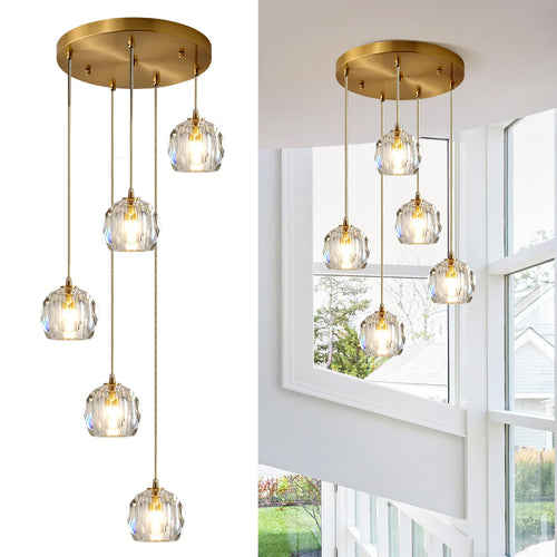 3-Light Cluster Pendant Lighting Crystal Chandelier Gold Hanging Pendant Light Fixture Mid Century Modern Multi Light Pendant Lighting for Dining Room Kitchen Island Bedroom