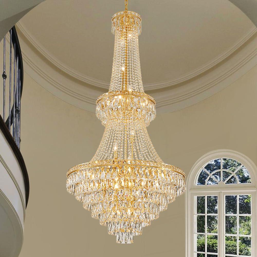 26-Light Large High Ceiling Chandelier, Gold Modern Crystal Chandeliers Luxury Foyer Entrance Chandeliers for Staircase Villa Lobby Hallway Entryway, K9 Crystal Raindrop Light Fixture H63” x W31”