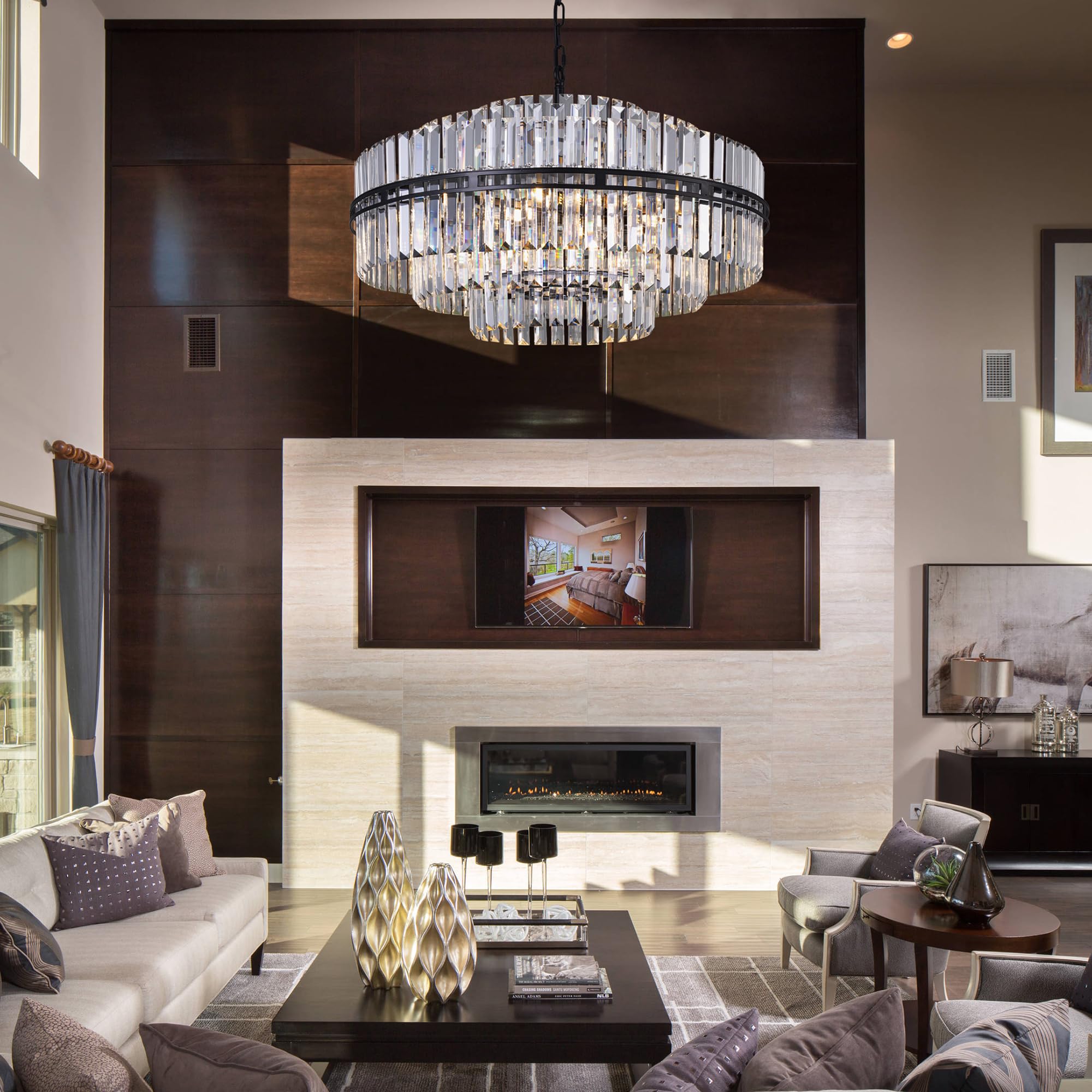 Black Crystal Chandelier 6-Light Modern Round Chandelier, 3 Tiers Crystal Large Ceiling Light Fixture for Dining Living Room, Bedroom, Bathroom, Kitchen, Entryway, 26"