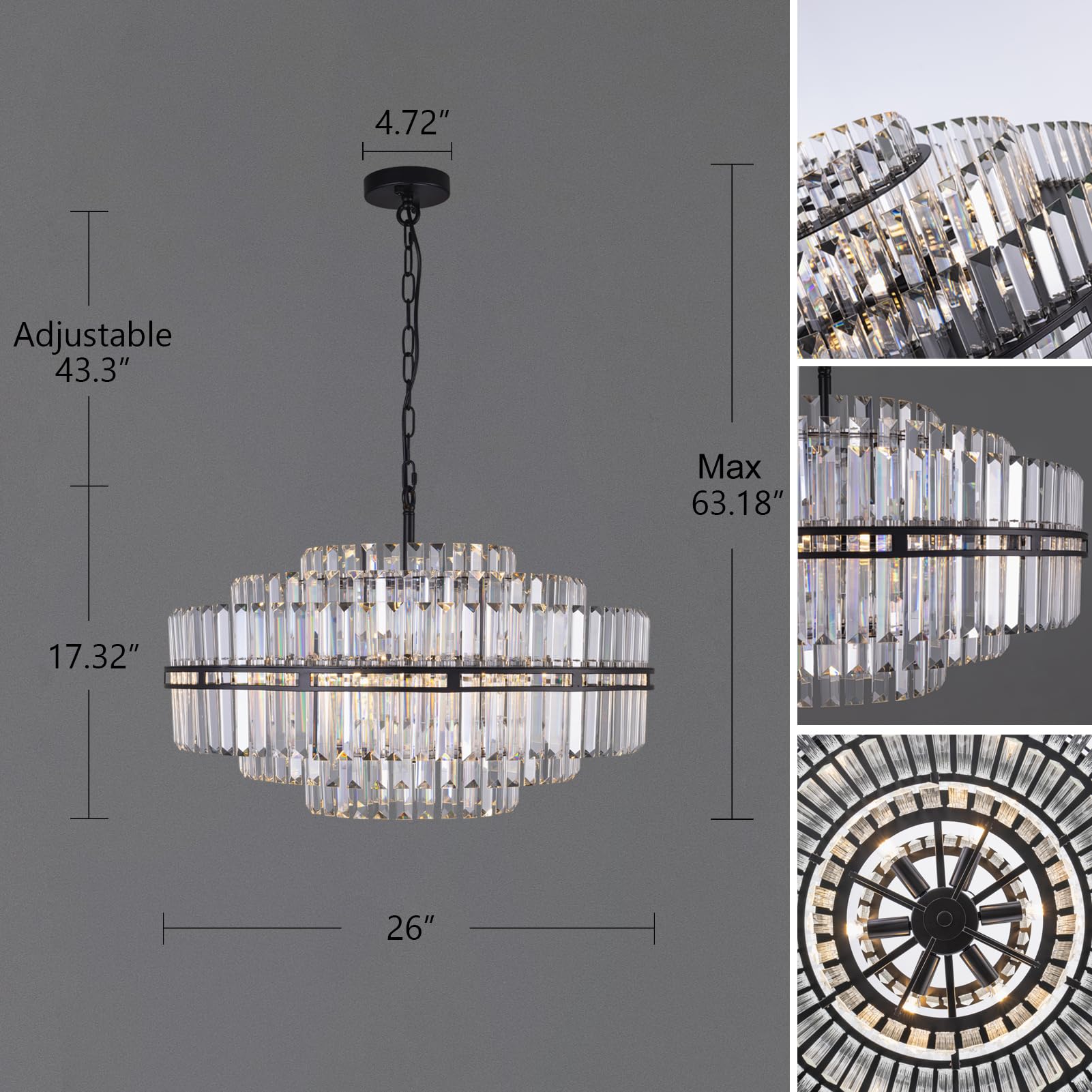 Black Crystal Chandelier 6-Light Modern Round Chandelier, 3 Tiers Crystal Large Ceiling Light Fixture for Dining Living Room, Bedroom, Bathroom, Kitchen, Entryway, 26"