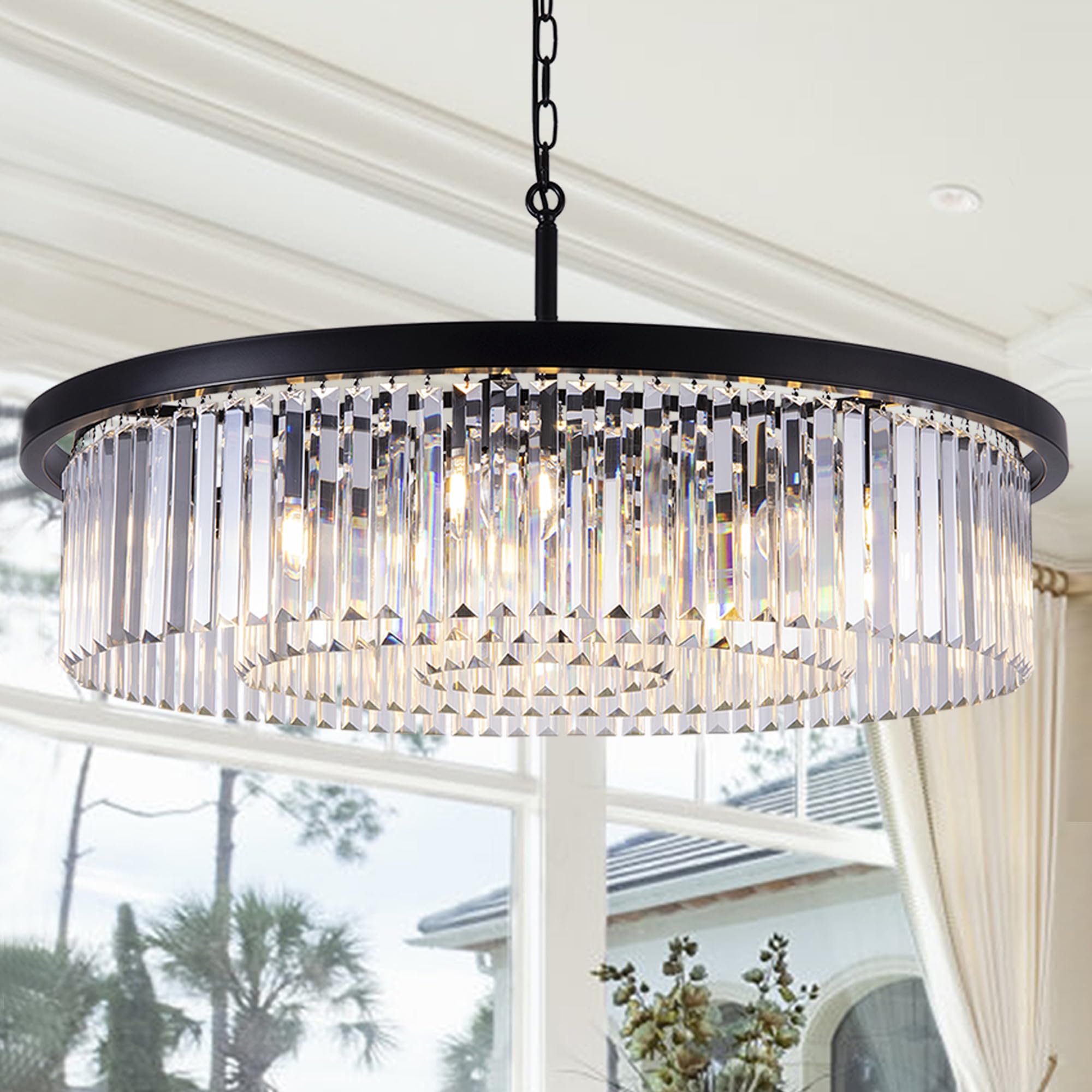 Crystal Chandeliers for Dining Room,9 Lights Modern Black Crystal Pendant Light,Farmhouse Chandelier for Bedroom,Ceiling Lighting Fixture for Kitchen Island,Living Room,Hallway,W-33.46”