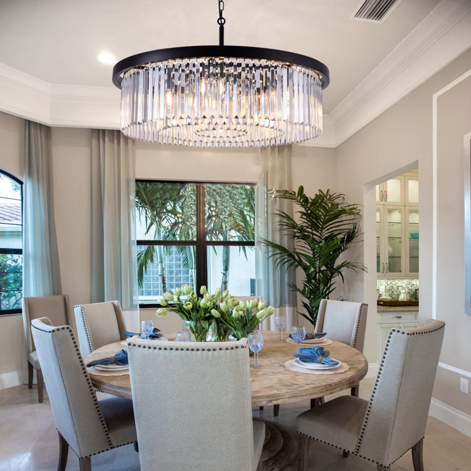 Crystal Chandeliers for Dining Room,9 Lights Modern Black Crystal Pendant Light,Farmhouse Chandelier for Bedroom,Ceiling Lighting Fixture for Kitchen Island,Living Room,Hallway,W-33.46”