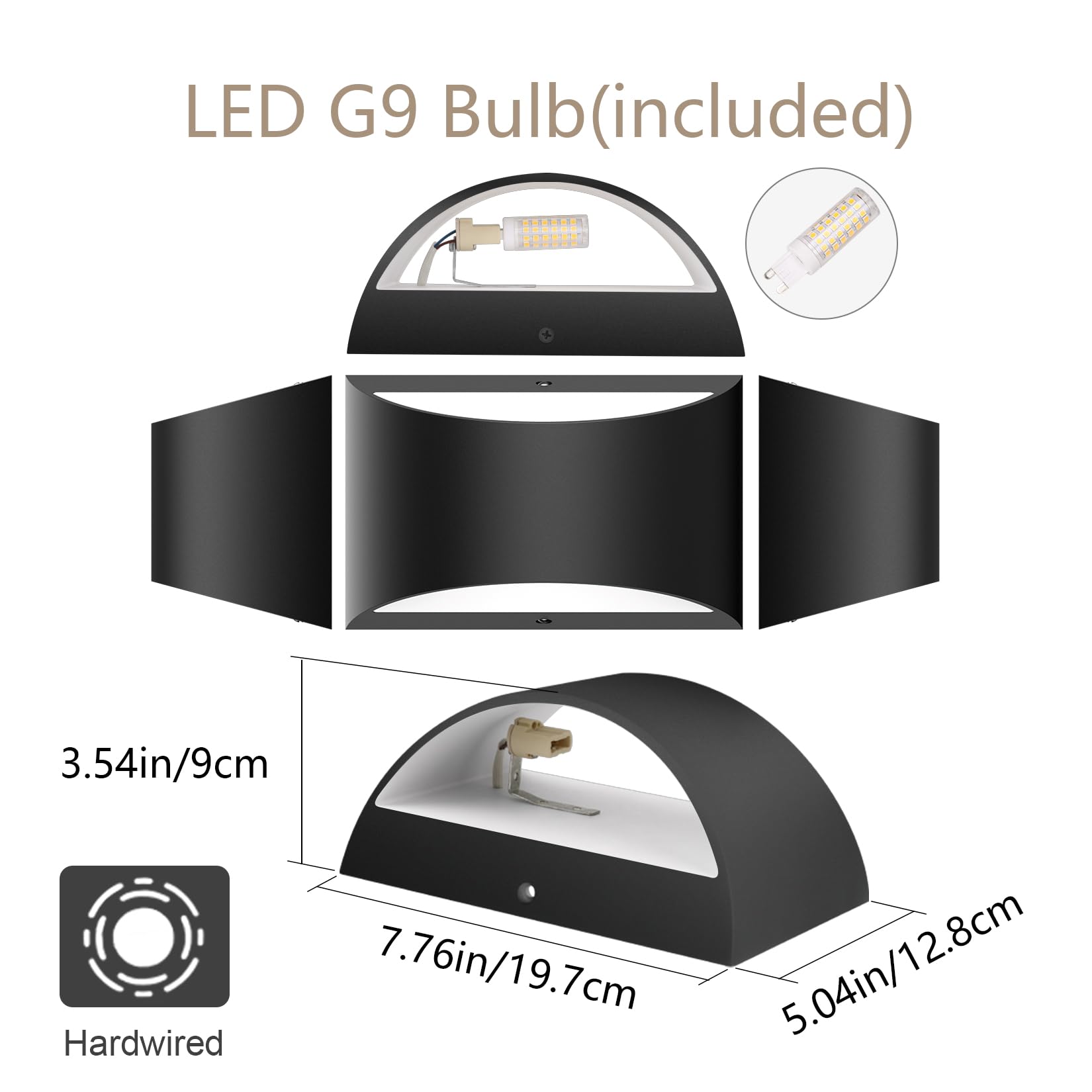 Black Modern LED Wall Sconce Indoor Wall Lights 1 Pack Hardwired Up and Down Wall Mount Light for Living Room Bedroom Hallway Corridor Conservatory Warm White 3000K(with G9 Bulbs)